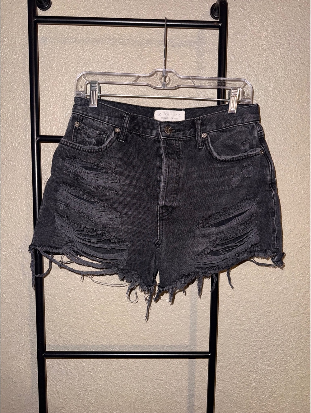 Free People We The Free Black Distressed Cutoff Denim Shorts Size 27